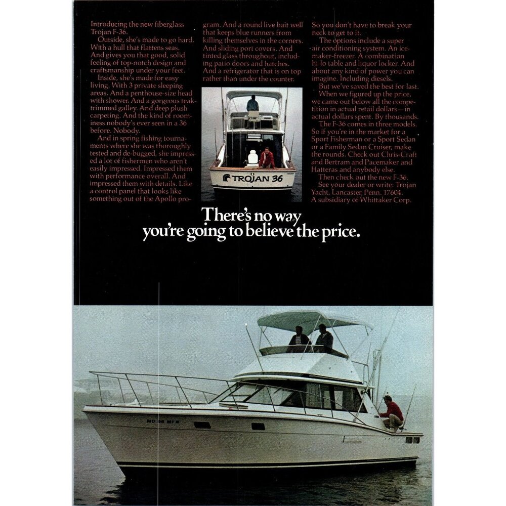 1971 Trojan Yachts F-36 Flybridge Yacht Vintage Print Ad Nautical 70s Wall Art